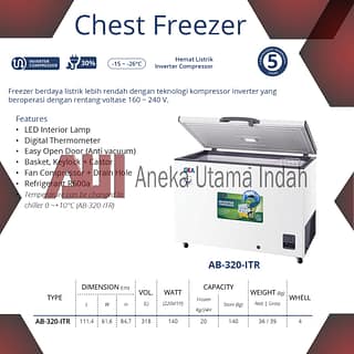 GEA AB-320-ITR AB-320ITR CHEST FREEZER - TEKNOLOGI KOMPRESSOR INVERTER - BOX PENDINGIN DAN PEMBEKU FROZEN FOOD ICECREAM SEAFOOD NUGGET DAGING - 318 L