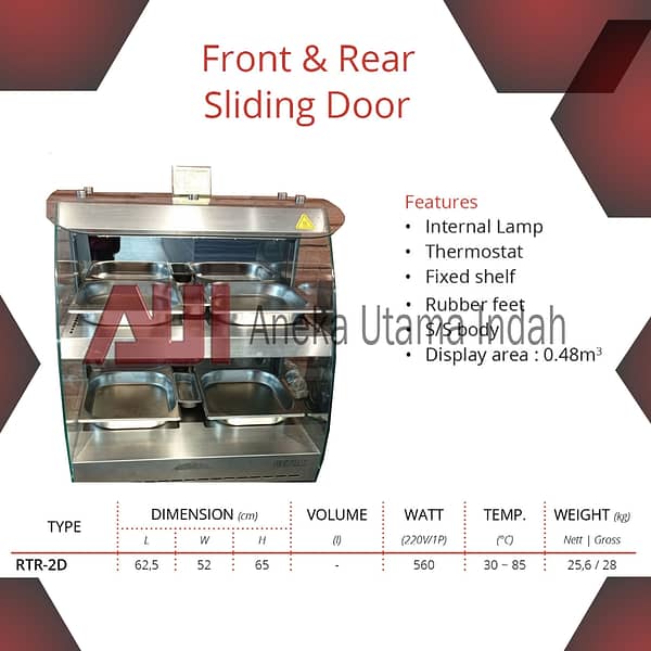 GETRA RTR-2D RTR 2D RTR-2 RTR 2 D DISPLAY CABINET FOOD WARMER - KABINET MESIN PENGHANGAT MAKANAN - ELECTRIC FOOD WARMER FRONT & REAR SLIDING DOOR